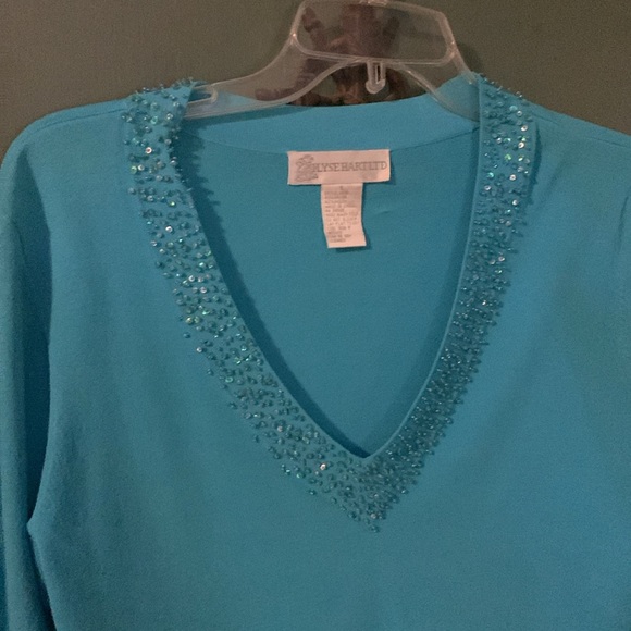 Sky blue top with 3/4 sleeves and sequined v-neck and sequins on back of collar - Picture 2 of 4